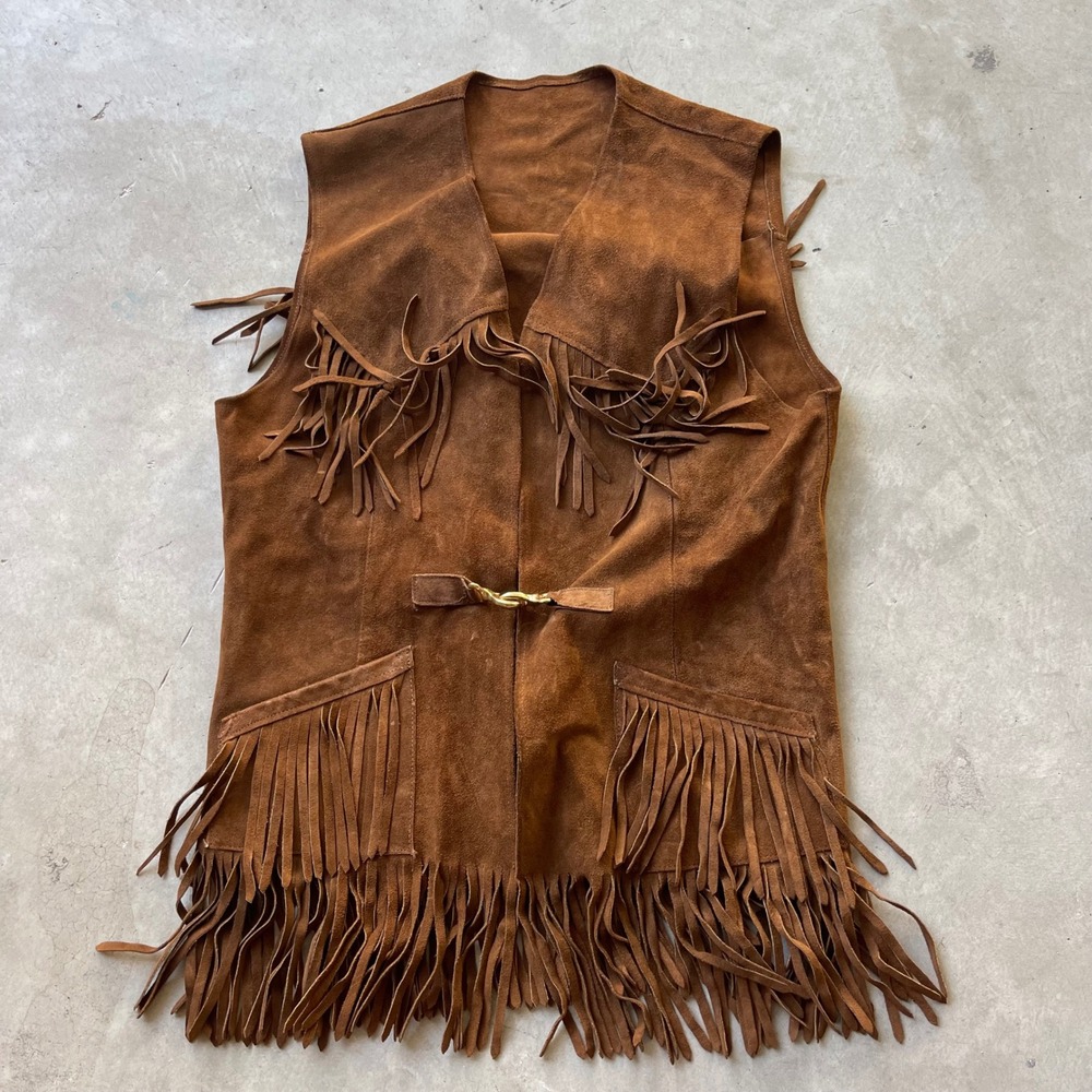 Mr Chips Vintage Brown Suede Leather Fringe Western Vest Hook Closure Brown